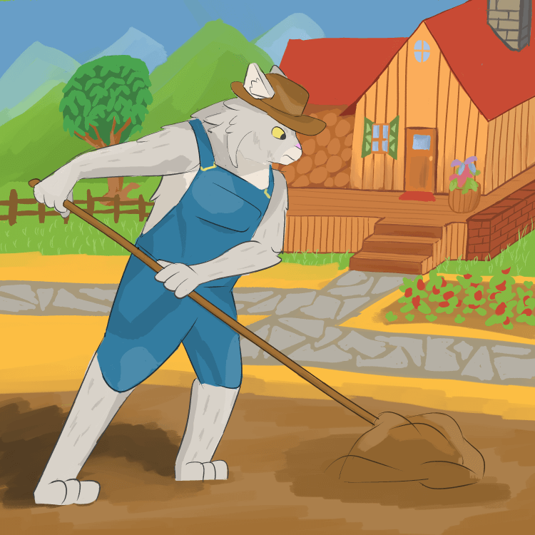 Anthro bobcat in overalls hoeing the land in front of a house.