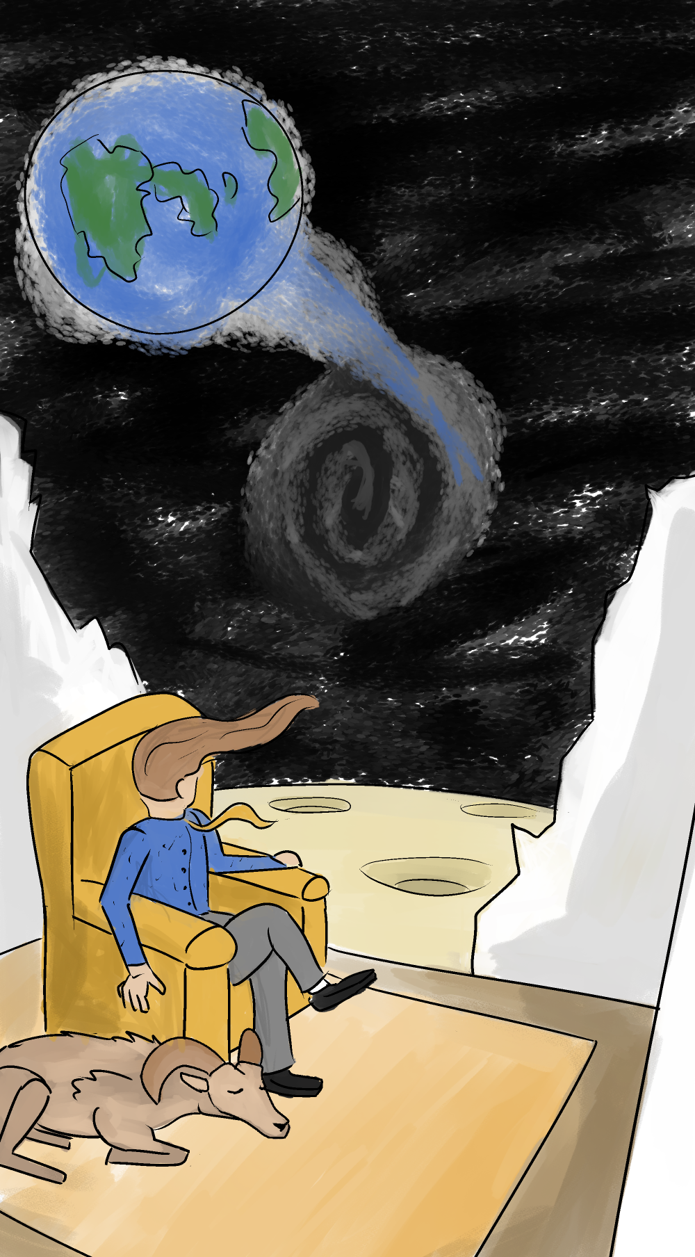 Man sitting in armchair on the moon as the Earth is consumed by a spiral.