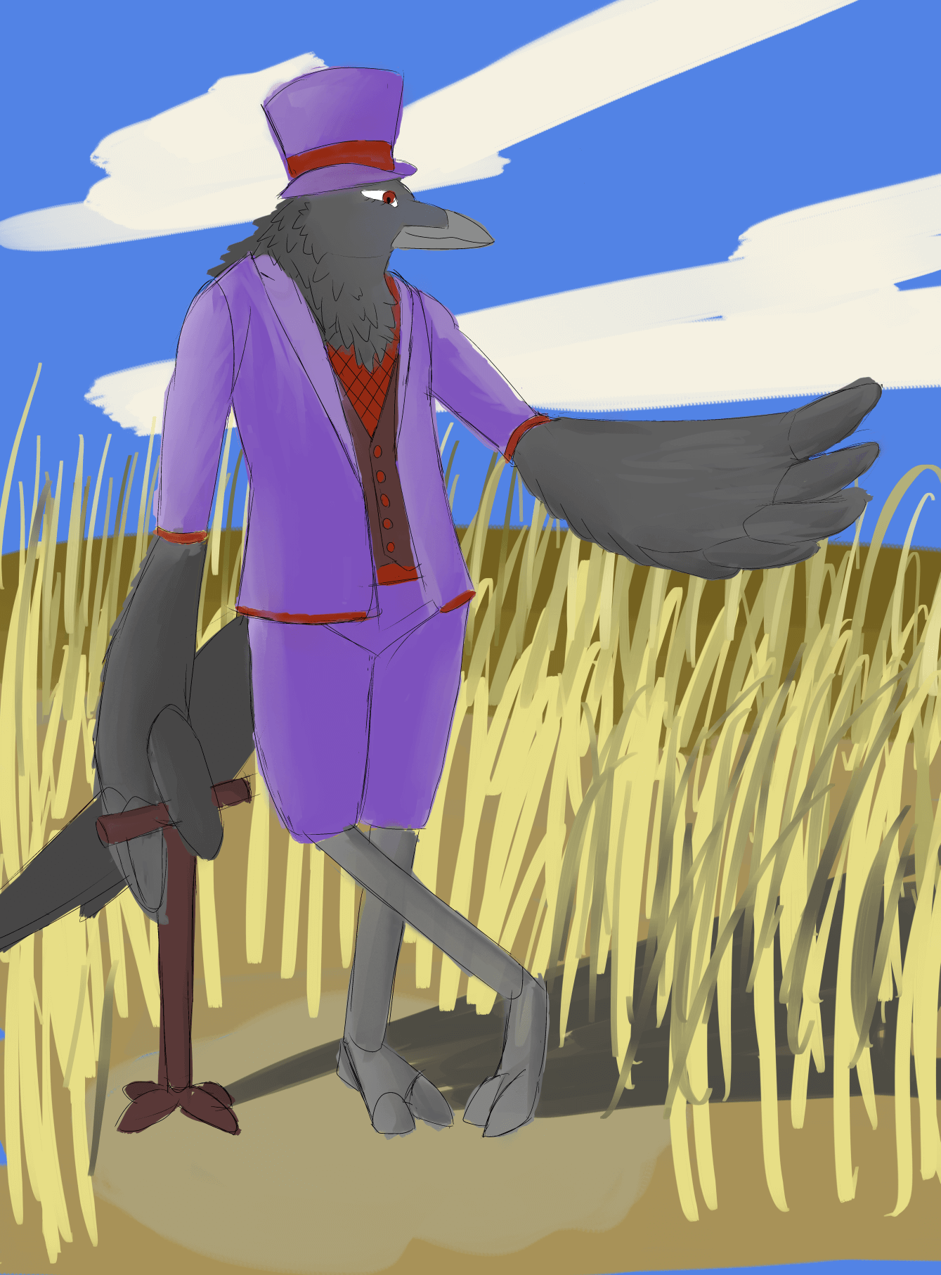 Anthro crow in a field of wheat wearing a tuxedo.