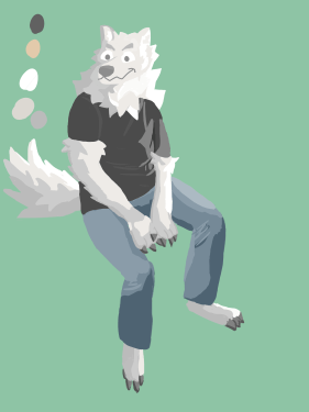 Anthro dog sitting, wearing jeans & t-shirt.