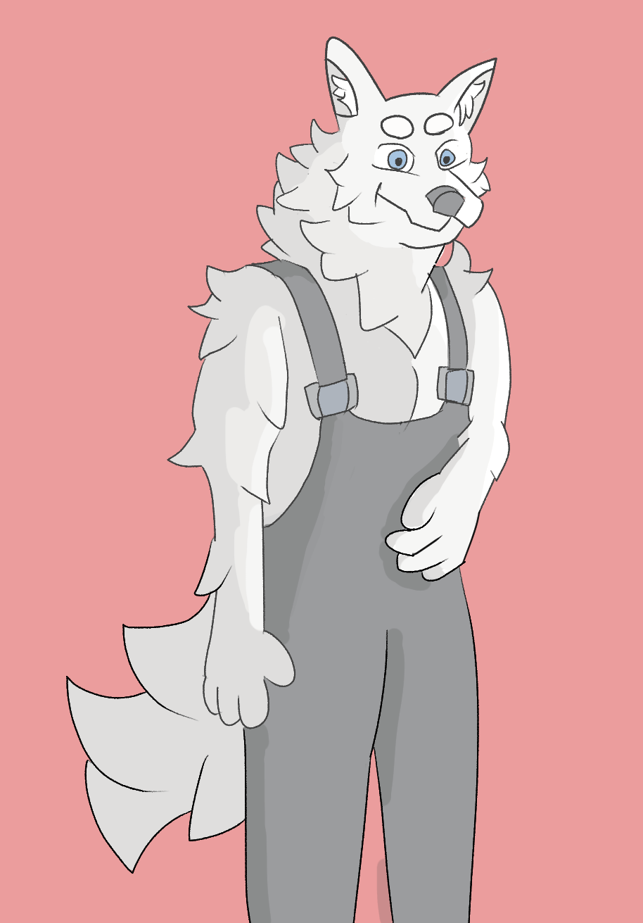 Anthro dog wearing suspenders