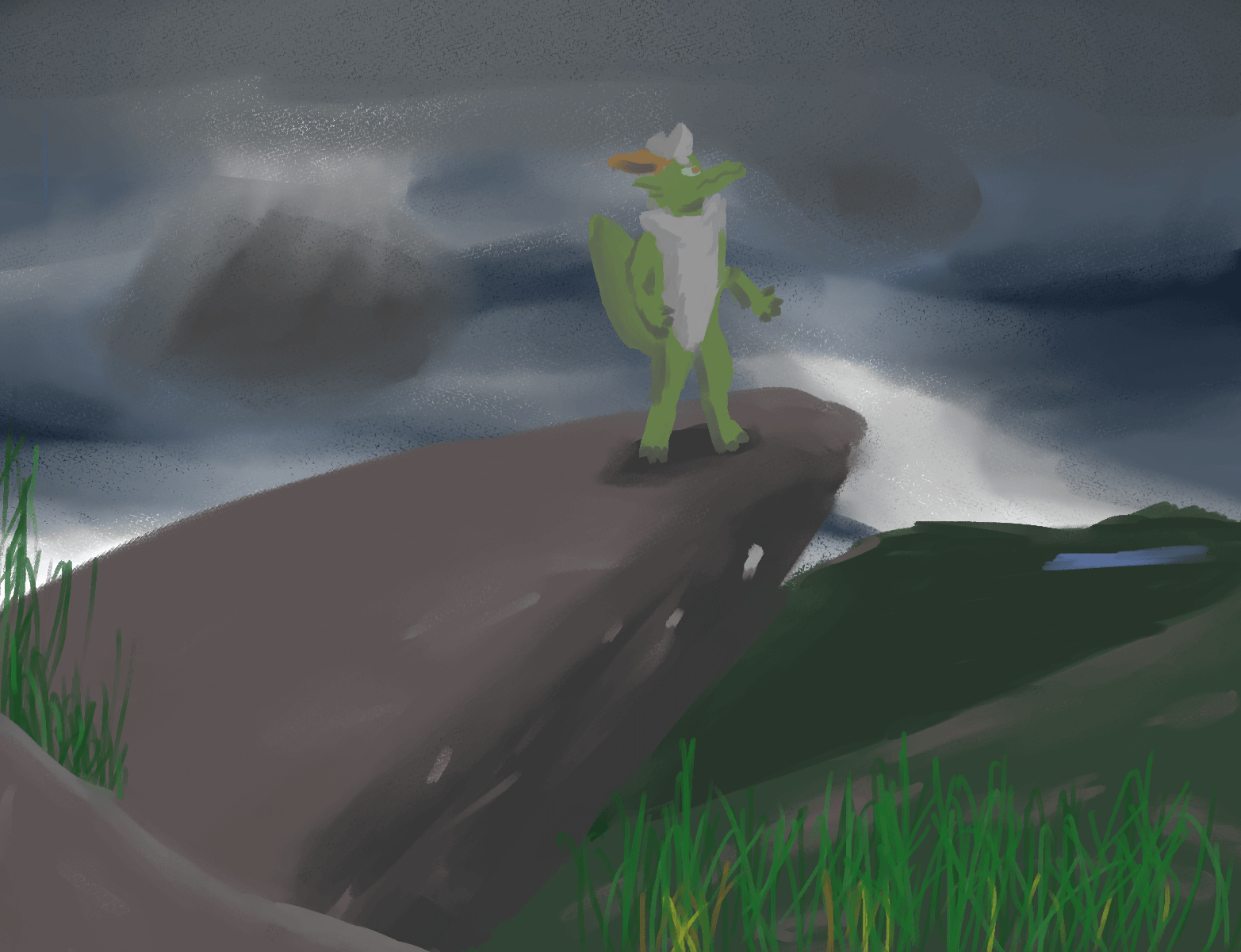 Kero stands on a cliff against a stormy background.